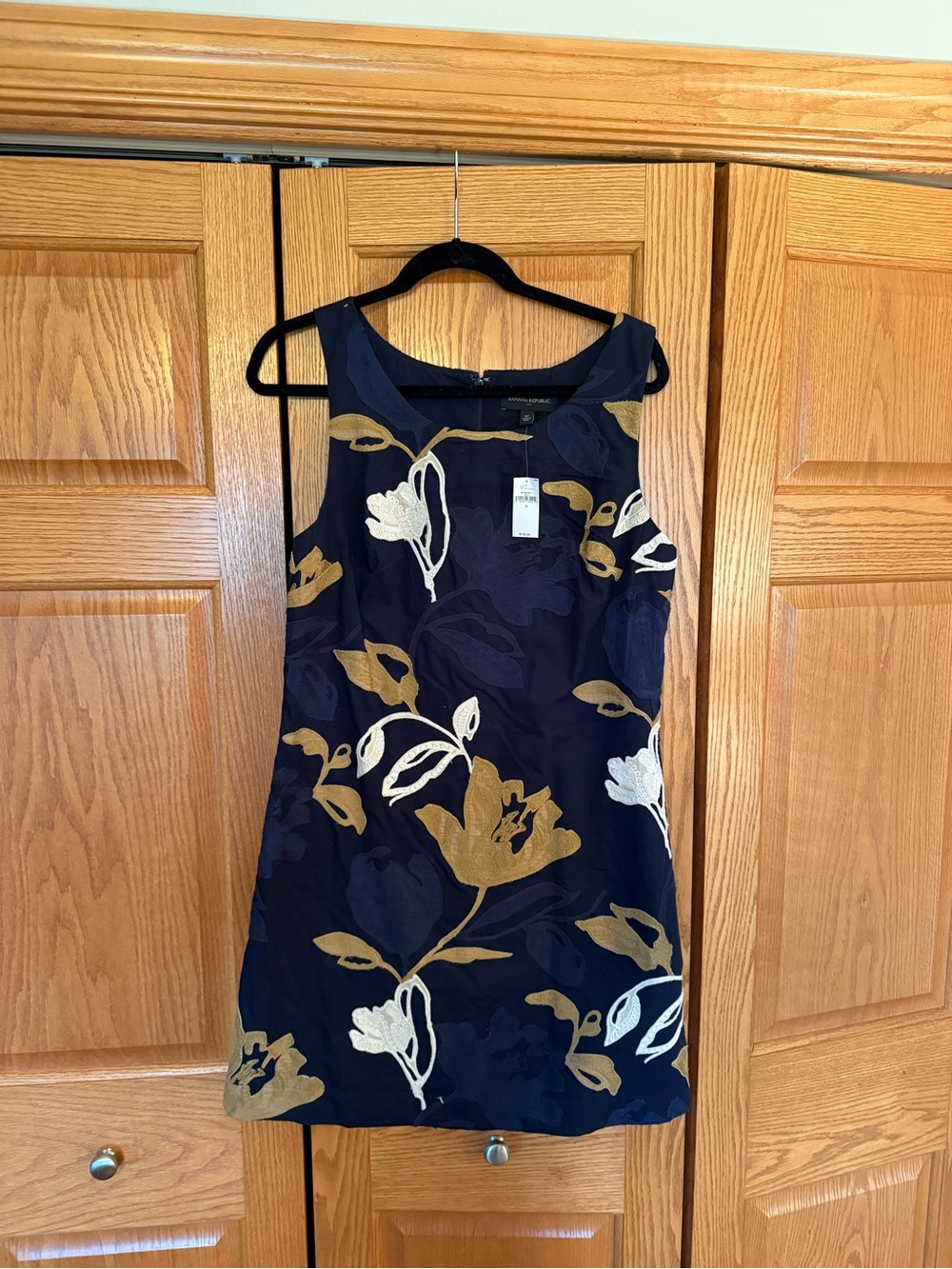 Banana Republic Navy Floral Sheath Dress with Gold & Cream Embroidery